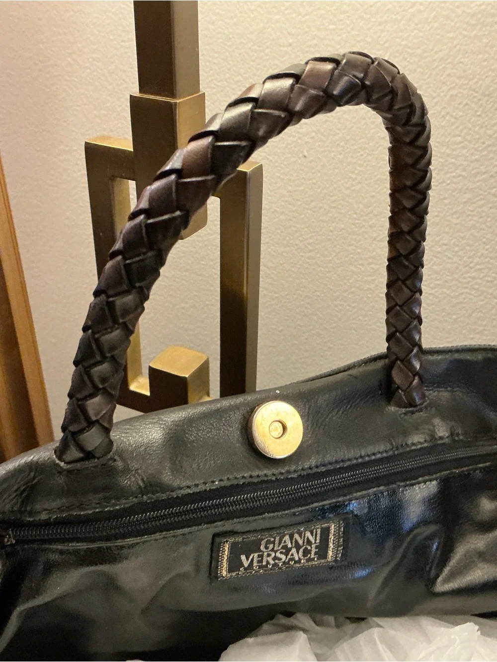 Versace Black Tote with Embossed Medusa Motif and Braided Handles